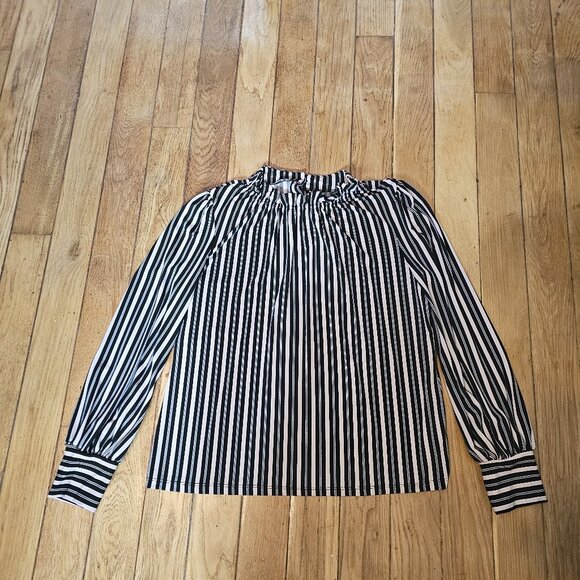 Adrianna Papell Women's Blouse Black Pastel Pink Stripe High Ruffle Collar - Picture 1 of 7